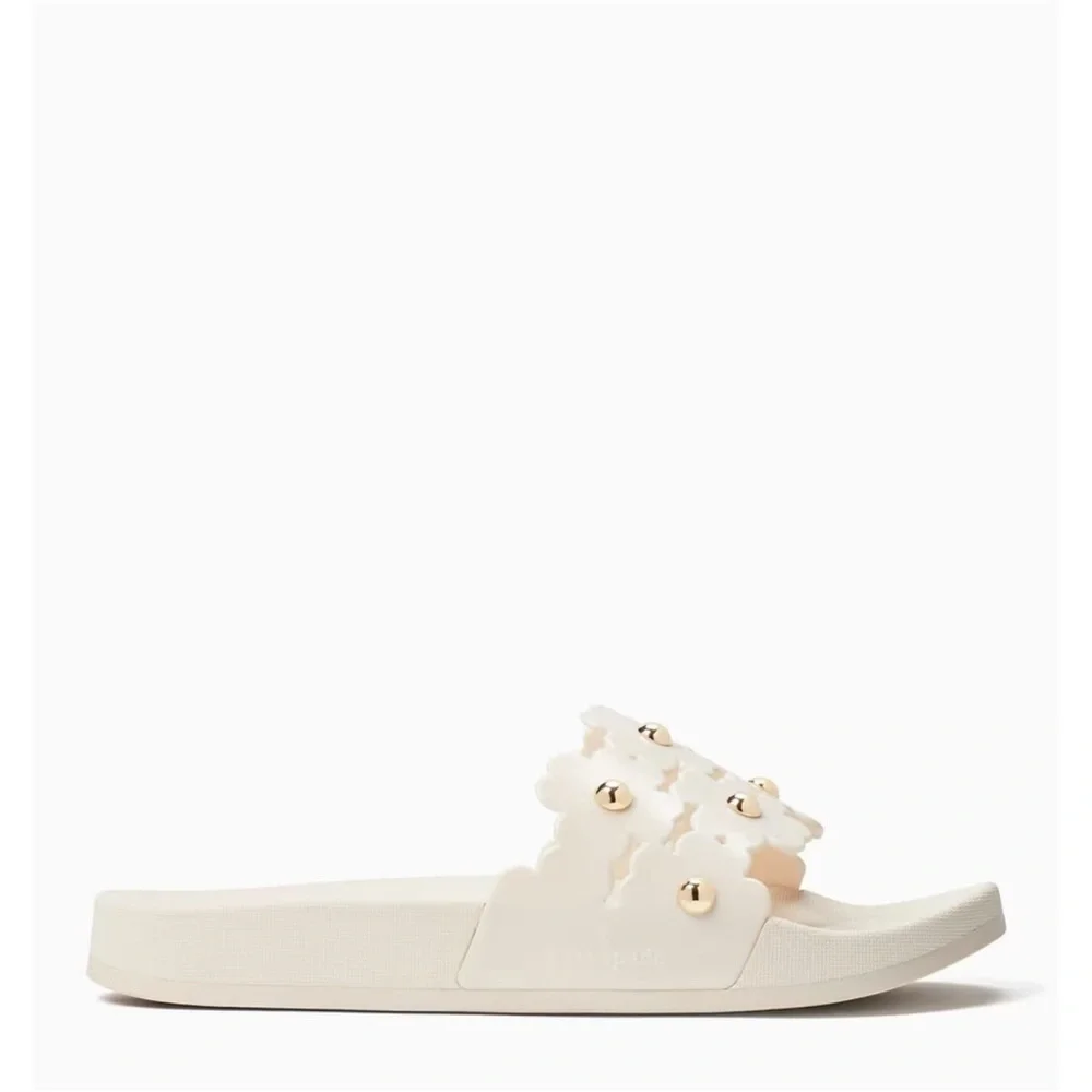 kate spade White Floral Stud Slide Sandals